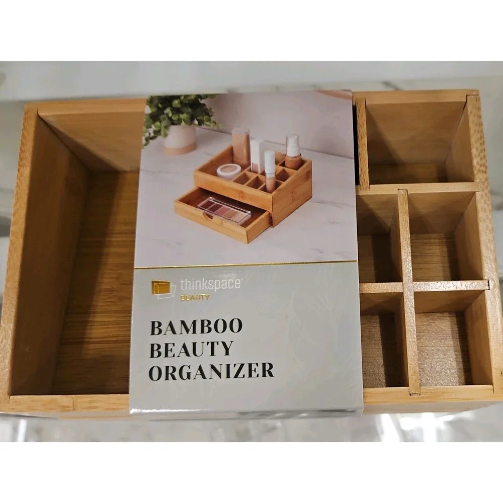 Thinkspace Bamboo Makeup Organizer w Drawer Cosmetic Storage Vanity Countertop